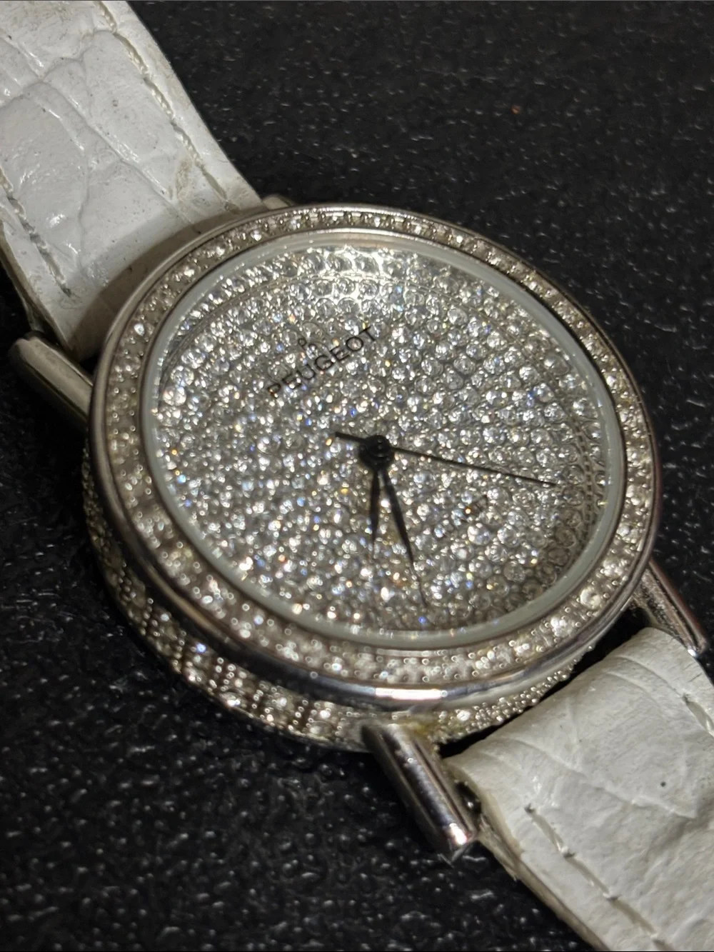 Peugeot WORKING Silver-Tone Crystal Dial Watch Leather White Croc Strap